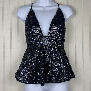 Forever 21 Sequin Peplum Black Top Size Medium Zipper Back And Adjustable Straps